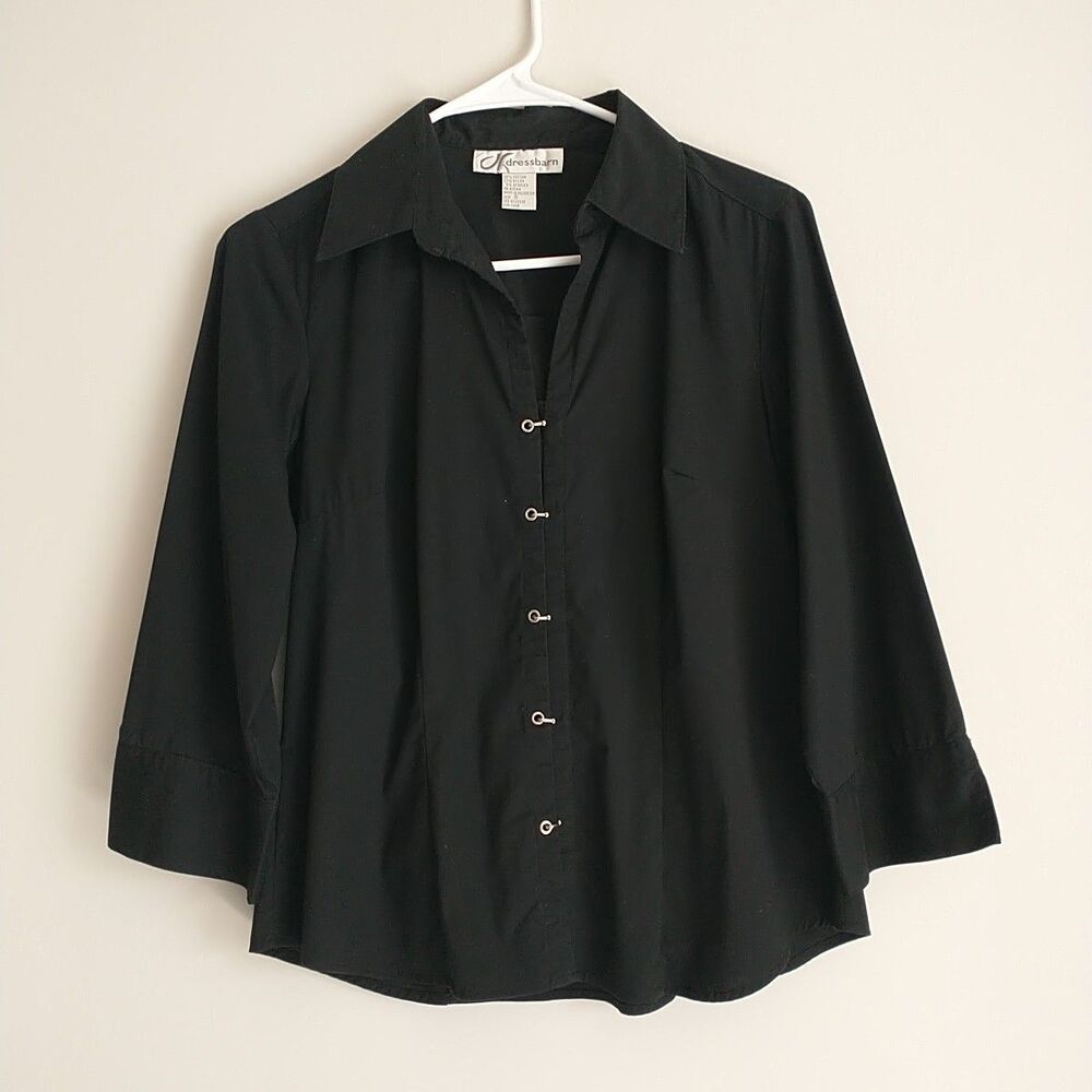 Dressbarn Shirt Blouse Womens 8 Black 3/4 Sleeve Cotton Blend Hook & Loop